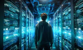A technician walks through a blue server room, checking on the status of the servers.Generated image photo