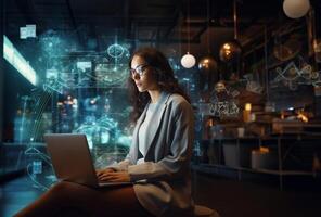 Woman Hacker Surrounded by Symbolic Holographic Technology.Generated image photo