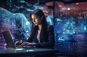Woman Hacker Surrounded by Symbolic Holographic Technology.Generated image photo