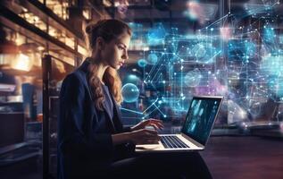 Woman Hacker Surrounded by Symbolic Holographic Technology.Generated image photo