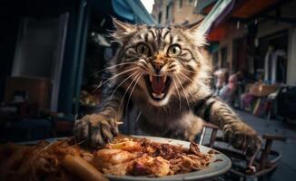 A hungry cat attacks its food with a wild fury.Generated image photo