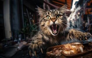 A hungry cat attacks its food with a wild fury.Generated image photo