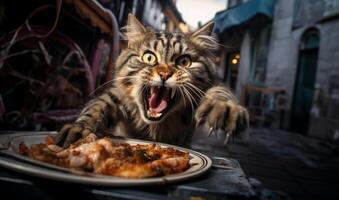 A hungry cat attacks its food with a wild fury.Generated image photo