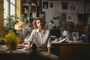 Fatigued Businesswoman Finding Mental Respite After Long Workday.Generated image photo