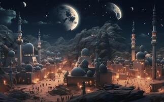 A Muslim woman in hijab stands on the surface of the moon, welcoming the first Ramadan in a new era of space exploration.Generated image photo