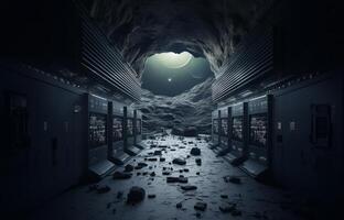 A crashed spaceship on the lunar surface is a haunting reminder of the dangers of space exploration.Generated image photo