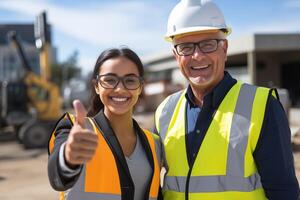 Portrait of engineer female and male smiling and showing thumbs up at construction site photo