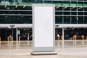 Blank white billboard stand or mupi mockup in company lobby background. Generate Ai photo