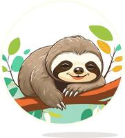 Sloth hanging from tree branch. Cute Sloth Cartoon Character Tree Branch Illustration with solid background. vector