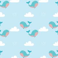 A blue and pink whale is shown in a pattern of many other whales vector