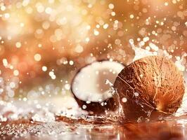 Ripe coconut broken into slices with droplets of water photo