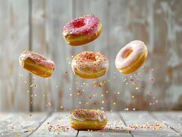 Delicious sweet donuts with filling, covered with colored glaze and sprinkles. Neural network photo