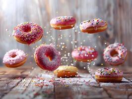 Delicious sweet donuts with filling, covered with colored glaze and sprinkles. Neural network photo