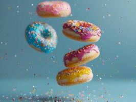 Delicious sweet donuts with filling, covered with colored glaze and sprinkles. Neural network photo
