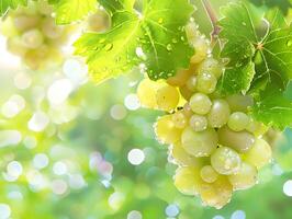 Ripe grapes in droplets of water with green leaves. Neural network photo
