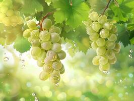 Ripe grapes in droplets of water with green leaves. Neural network photo