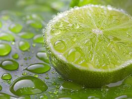 Ripe tropical fruit lime in water droplets with green leaves. Neural network photo