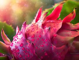 Ripe tropical pitahaya fruit in water droplets with green leaves. Neural network photo