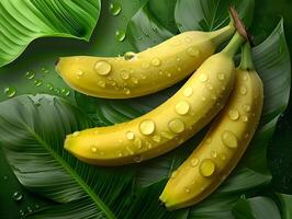 Ripe juicy bananas with water droplets and green leaves. Neural network photo