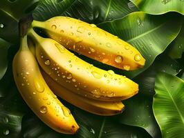 Ripe juicy bananas with water droplets and green leaves. Neural network photo