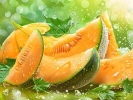 Juicy ripe melon whole and slices. Neural network photo