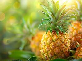 Whole pineapples with green leaves. Neural network photo