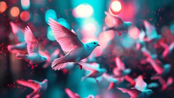 A magical scene of white doves flying in a city with vibrant, colorful bokeh lights, creating an enchanting, dream-like atmosphere. photo