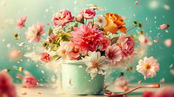 Colorful bouquet of various flowers in a vase, with petals floating in the air against a turquoise background, creating a dreamy atmosphere. photo