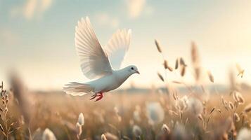 A beautiful white dove in flight over a golden wheat field at sunset, symbolizing peace and freedom in nature's serene setting. photo