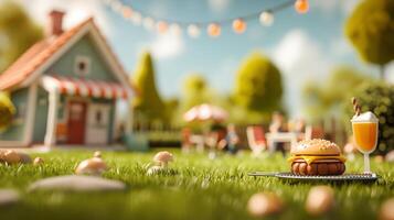 Cute miniature picnic setup with tiny burger and drink in a charming garden with a small house and festive decorations. photo