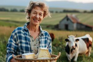 A woman is smiling and holding a basket of cheese in a field photo