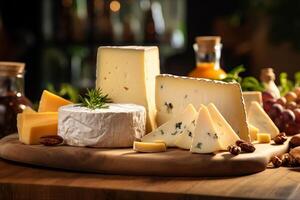A wooden board with a variety of cheeses and nuts on it photo