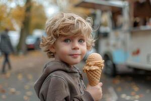 A young boy holds an ice cream cone in front of an ice cream truck photo