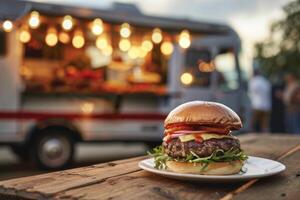 A hamburger is on a plate on a wooden table in front of a food truck photo