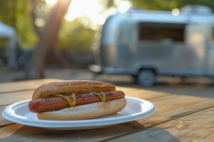 A hot dog is placed on a table at a campground, a vintage trailer can be seen in the background photo