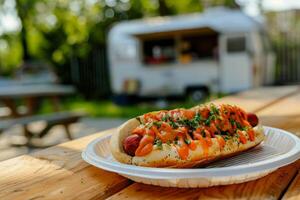 Indulge in a gourmet hot dog topped with scrumptious drizzled sauce from a food truck photo