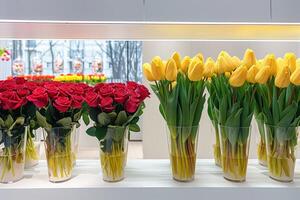 A row of vases with flowers in them, including roses and yellow tulips photo