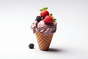A waffle cone with ice cream and berries on a white background photo