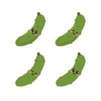 Set of cute cartoon colorful green cucumbers with different emotions. Funny emotions character collection for kids. Fantasy characters. illustrations, cartoon flat style. vector