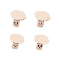 Set of cute cartoon colorful champignon mushrooms with different emotions. Funny emotions character collection for kids. Fantasy characters. illustrations, cartoon flat style. vector