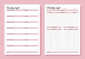 Planners set. Weekly and monthly budjet. Blank white notebook page A4. vector