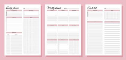 Planners set. Daily, weekly, to do list. Blank white notebook page A4. vector