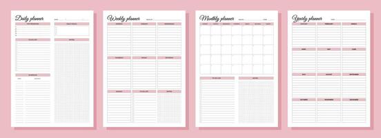 Planners set. Daily, weekly, monthly, yearly. Blank white notebook page A4. vector