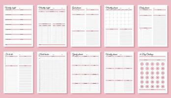 Planners set. Daily, weekly, monthly, yearly, habit tracker, to do list, goal, monthly budjet, weekly budjet and challenge. Blank white notebook page A4. vector