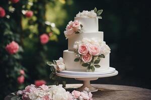 Elegant wedding cake in three layers on the table, decorated with rose flowers photo