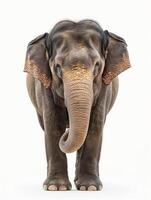 An elephant in front of a white background, looking at the camera photo