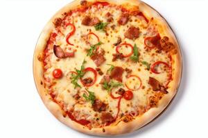 Pizza with tomatoes, ham and pepper on a white background photo