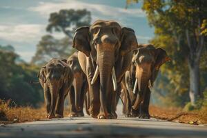 A group of elephants walking down a road photo