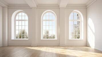 A large, empty room with three arched windows and a white ceiling photo