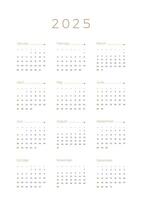 Annual calendar 2025 template on white background. Week starts on Sunday. Simple black and white 2025 calendar. Minimalist calendar design vector